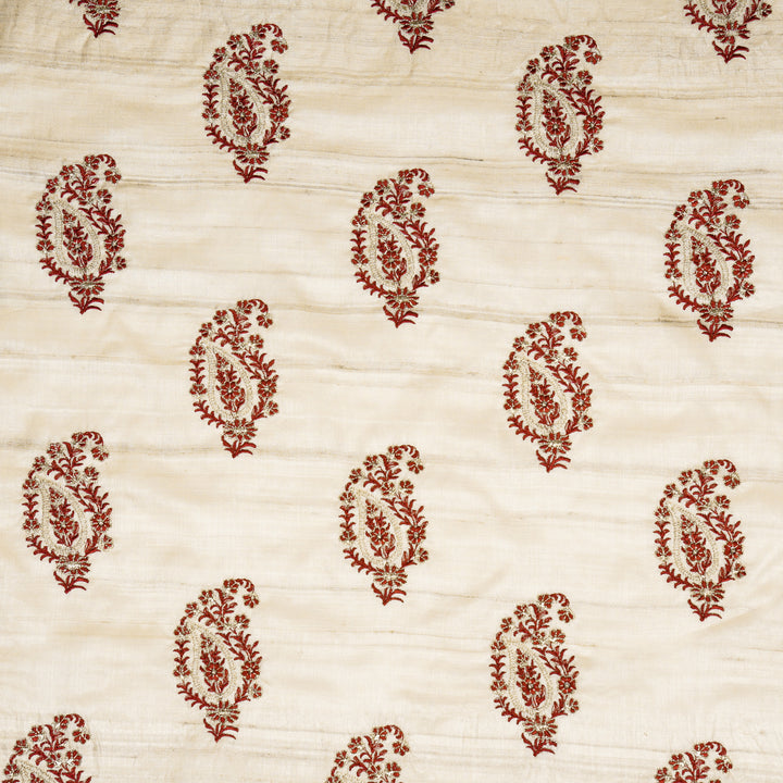 Tanmayi Buta on Natural/Maroon Tussar Silk Embroidered Fabric