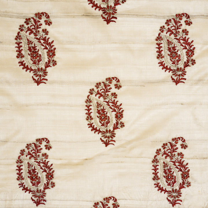 Tanmayi Buta on Natural/Maroon Tussar Silk Embroidered Fabric