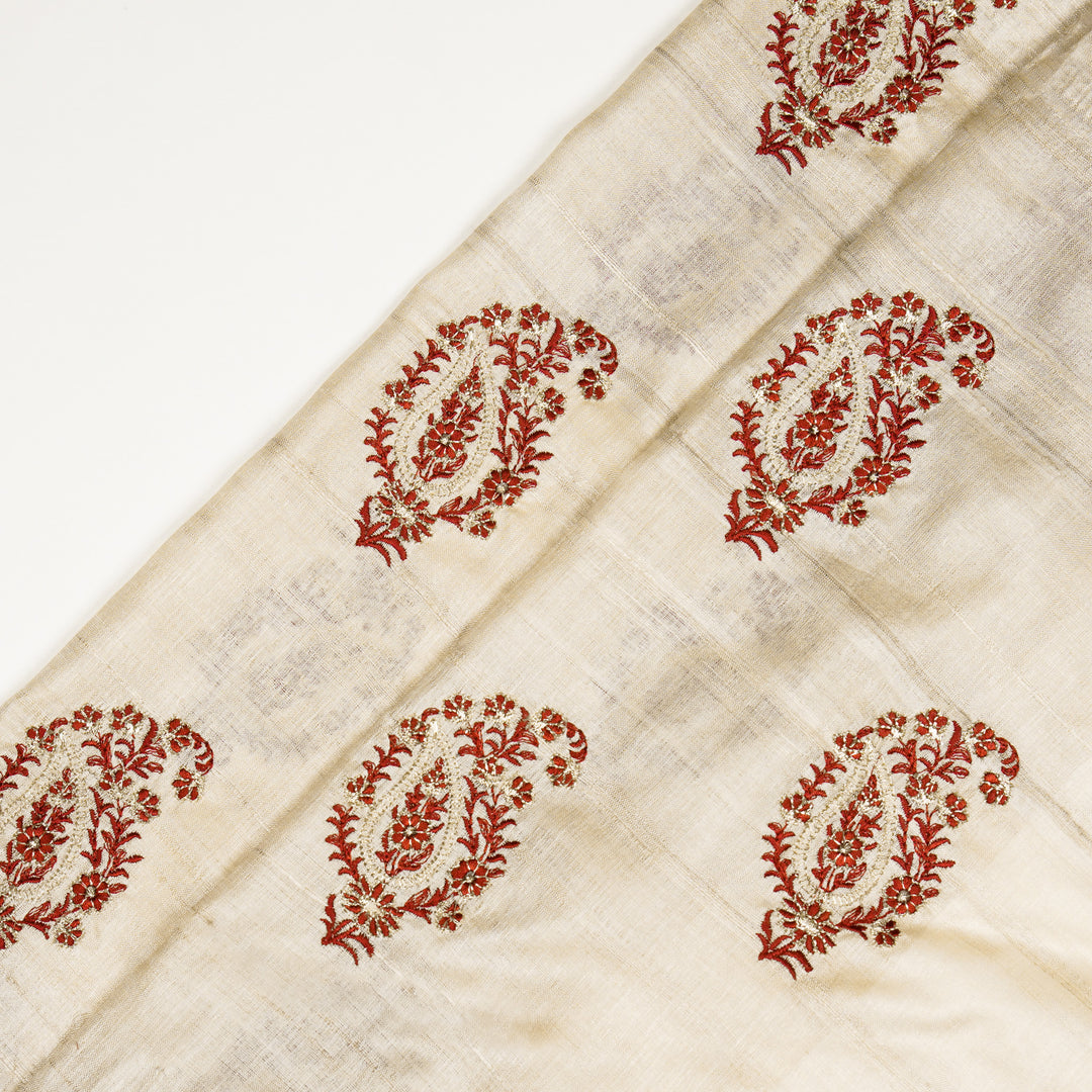 Tanmayi Buta on Natural/Maroon Tussar Silk Embroidered Fabric