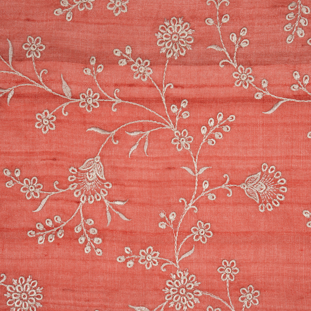 Vedika Jaal on Deep Peach Tussar Silk Embroidered Fabric