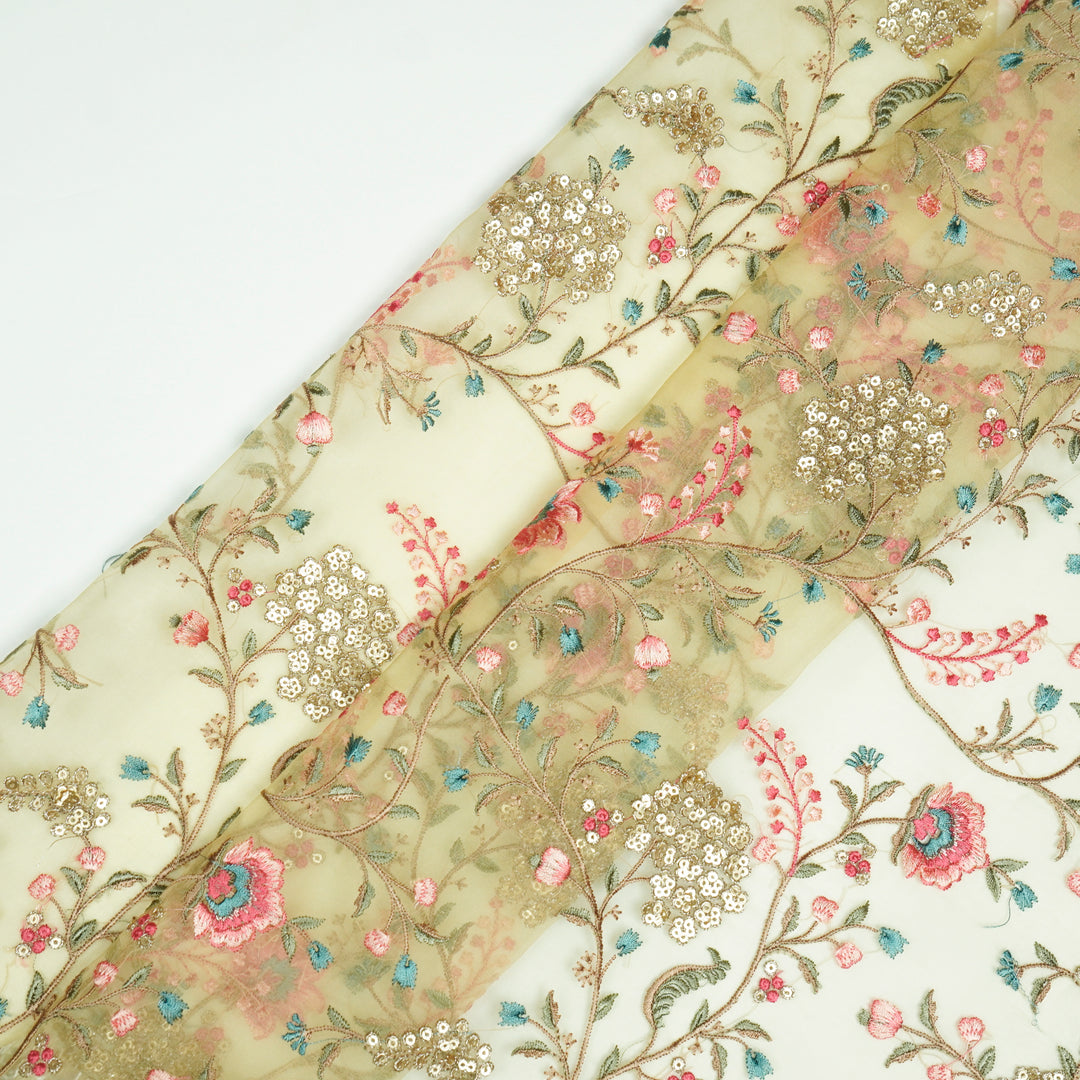 Kaniskha Jaal on Dusky Lemon Silk Organza Embroidered Fabric