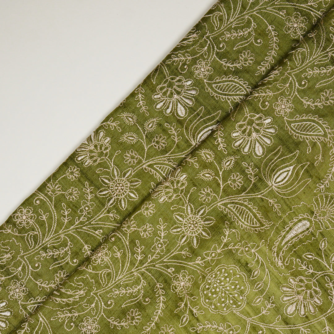 Pranavi Jaal on Olive Green Tussar Silk Embroidered Fabric