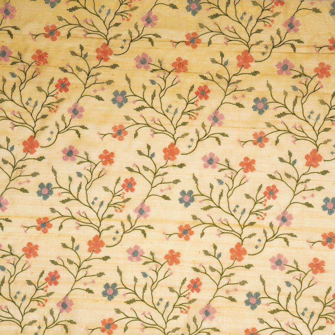 Krisha Jaal on Light Lemon Tussar Silk Embroidered Fabric