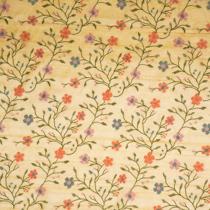 Krisha Jaal on Light Lemon Tussar Silk Embroidered Fabric