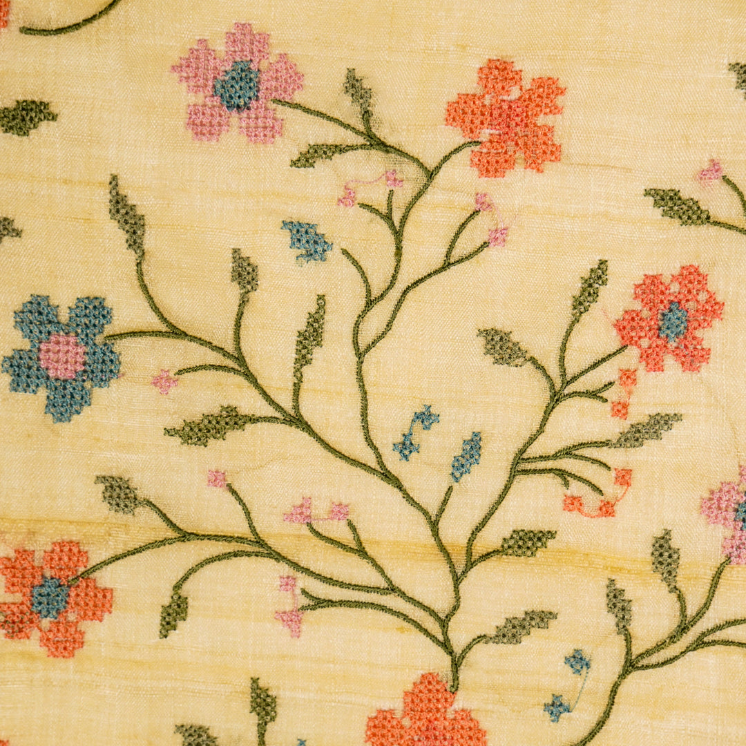 Krisha Jaal on Light Lemon Tussar Silk Embroidered Fabric