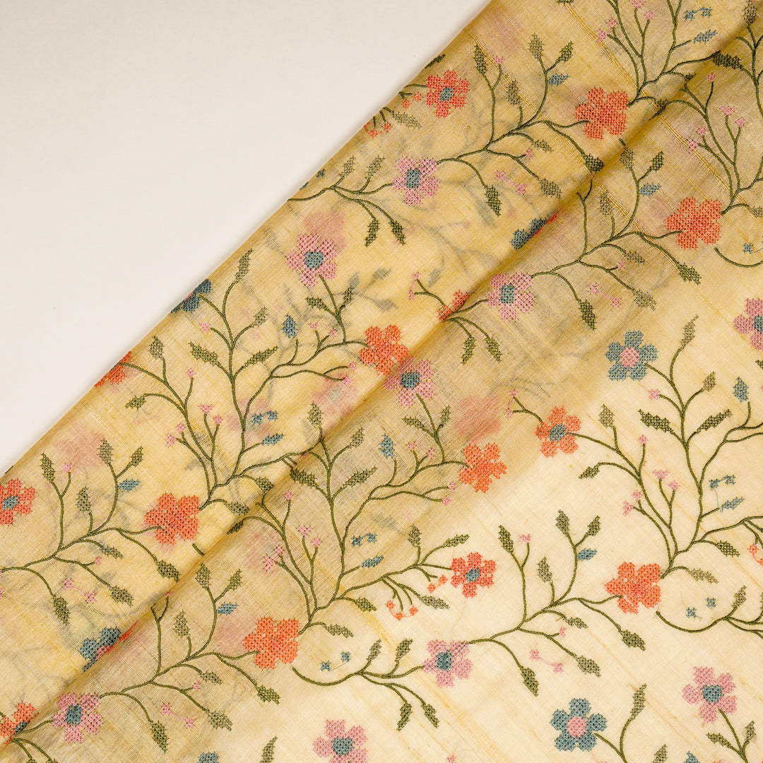 Krisha Jaal on Light Lemon Tussar Silk Embroidered Fabric