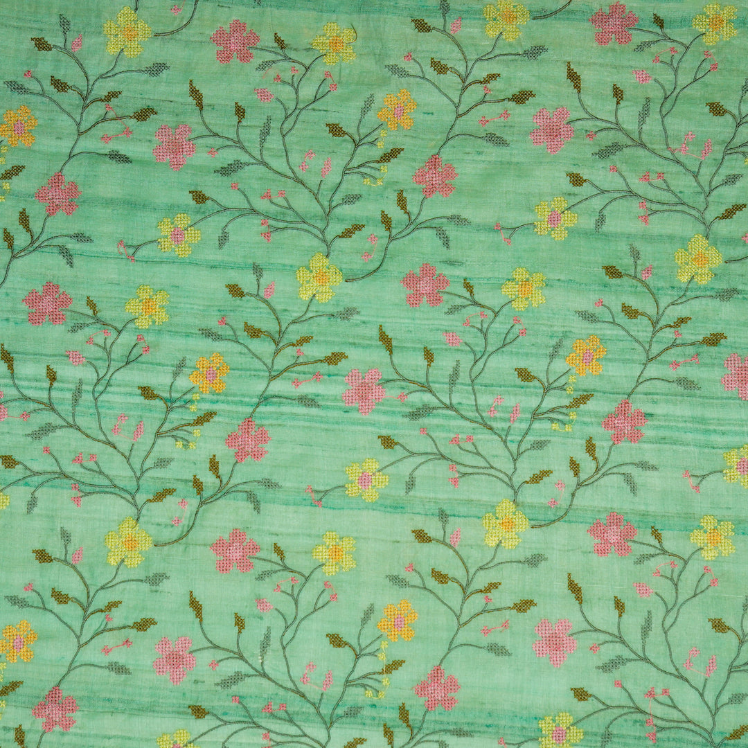 Krisha Jaal on Aqua Green Tussar Silk Embroidered Fabric