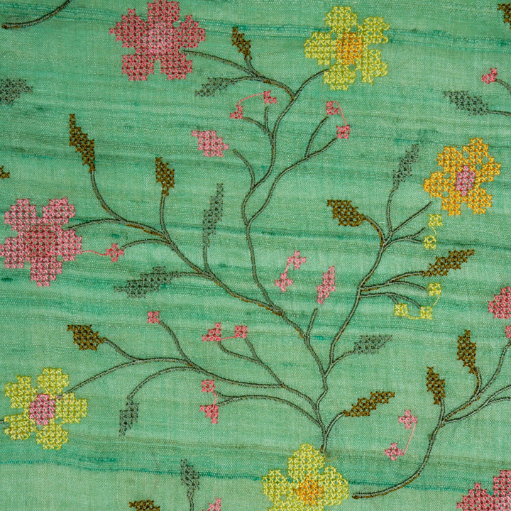 Krisha Jaal on Aqua Green Tussar Silk Embroidered Fabric