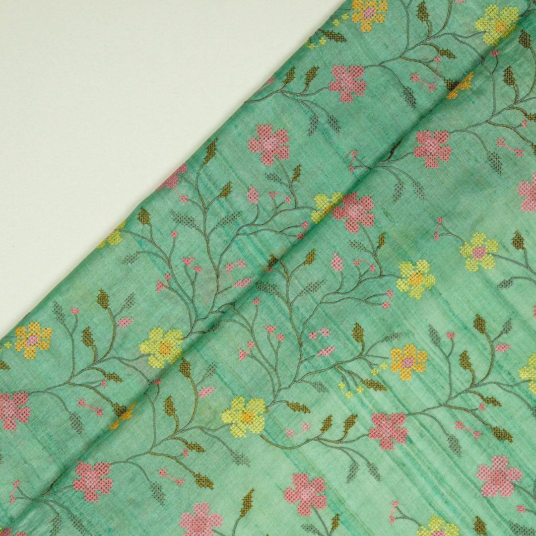 Krisha Jaal on Aqua Green Tussar Silk Embroidered Fabric