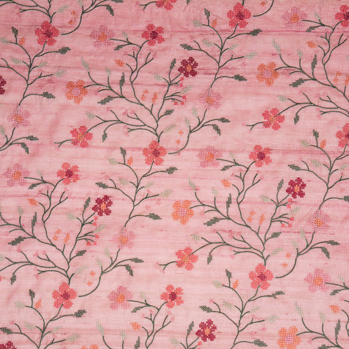 Krisha Jaal on Onion Pink Tussar Silk Embroidered Fabric