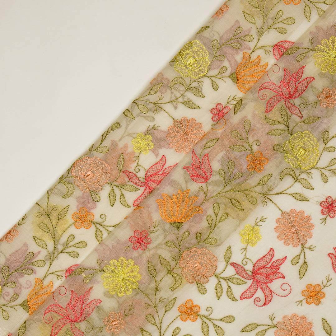 Amaira Jaal on Ivory Cotton Silk Embroidered Fabric