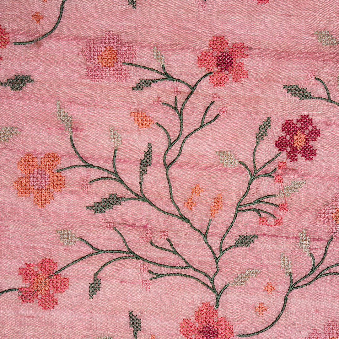 Krisha Jaal on Onion Pink Tussar Silk Embroidered Fabric