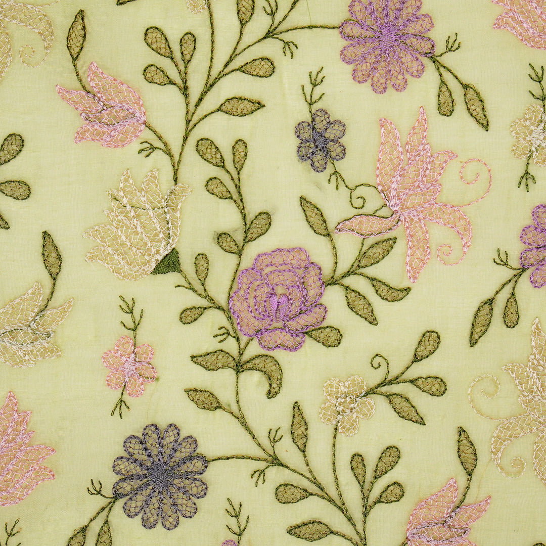 Amaira Jaal on Light Lemon Cotton Silk Embroidered Fabric