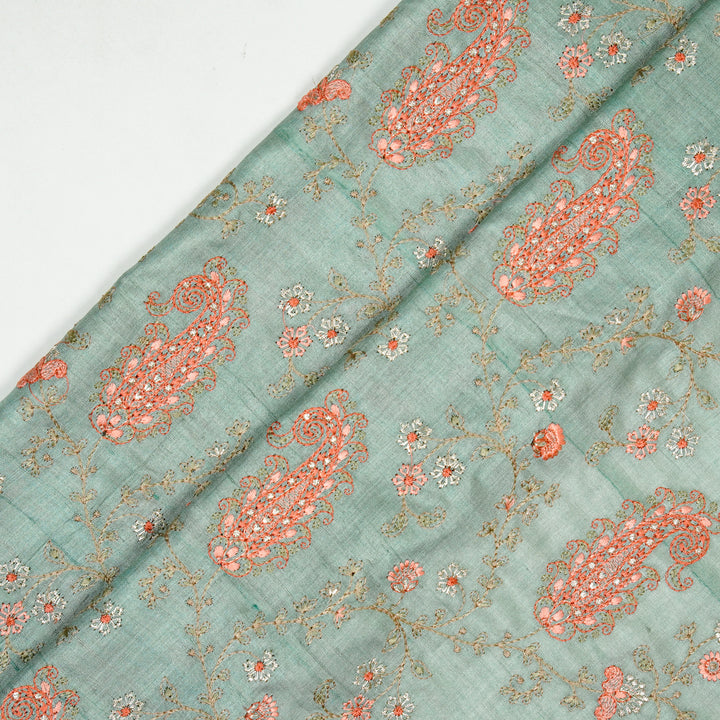 Alpana Jaal On Light Teal Tussar Silk Embroidered Fabric