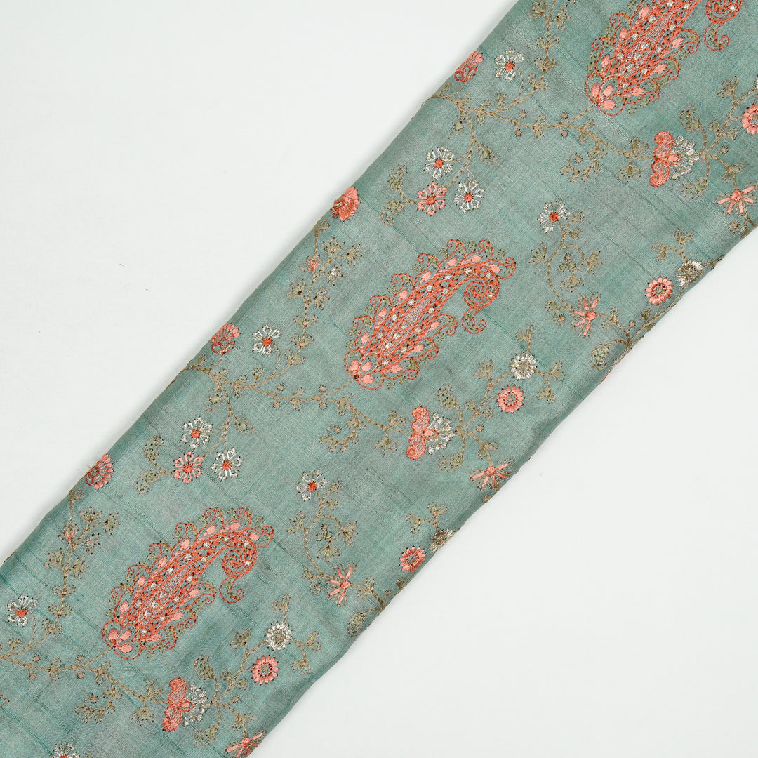Alpana Jaal On Light Teal Tussar Silk Embroidered Fabric