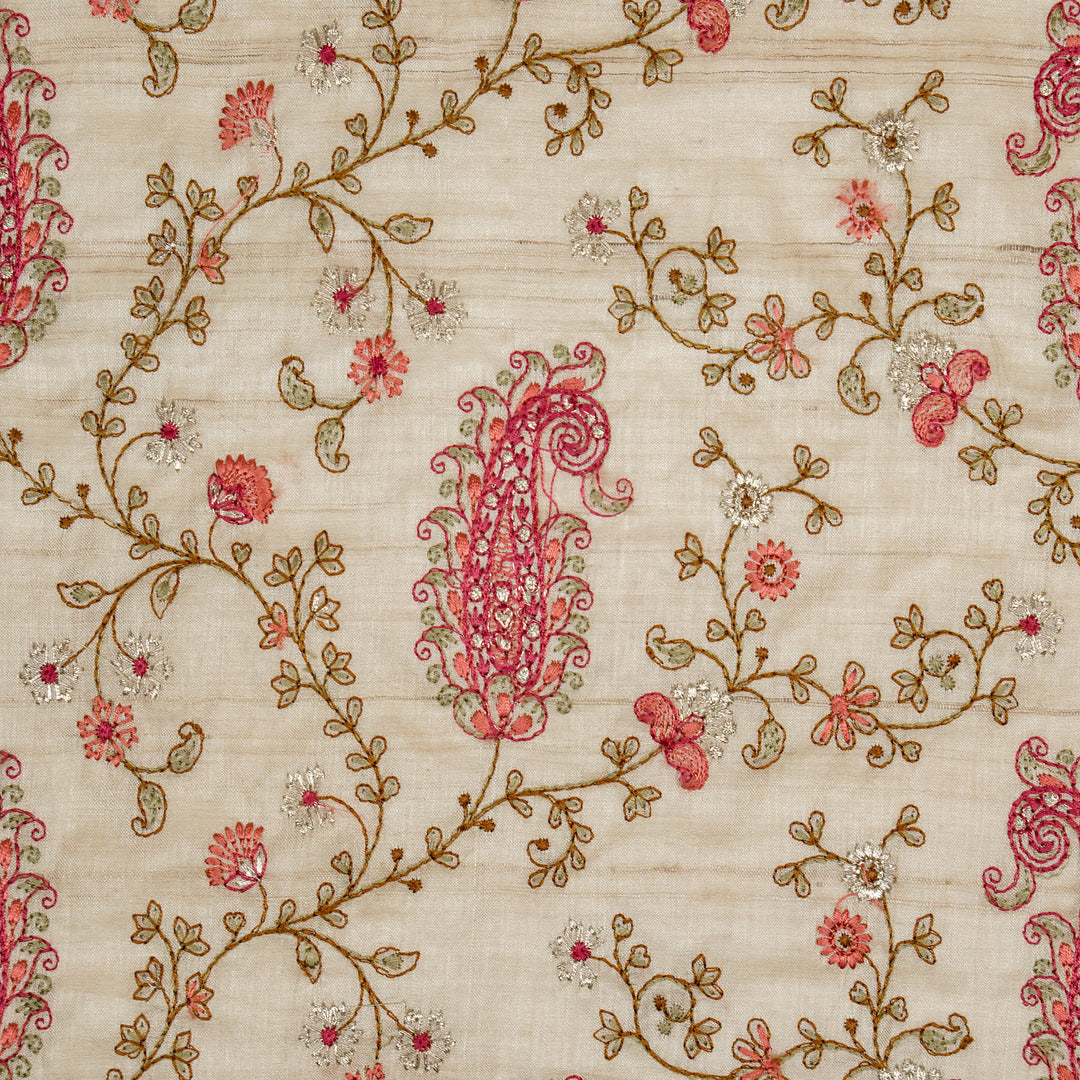 Alpana Jaal On Natural Tussar Silk Embroidered Fabric
