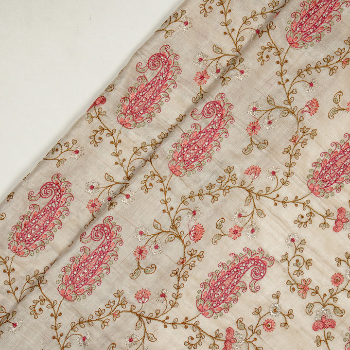 Alpana Jaal On Natural Tussar Silk Embroidered Fabric