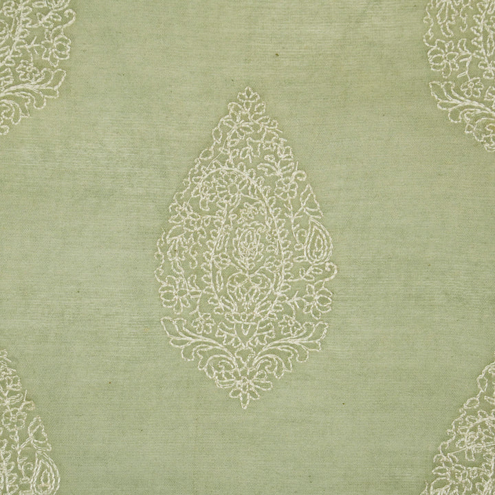Meherza Buta on Moss Grey Cotton Silk Embroidered Fabric