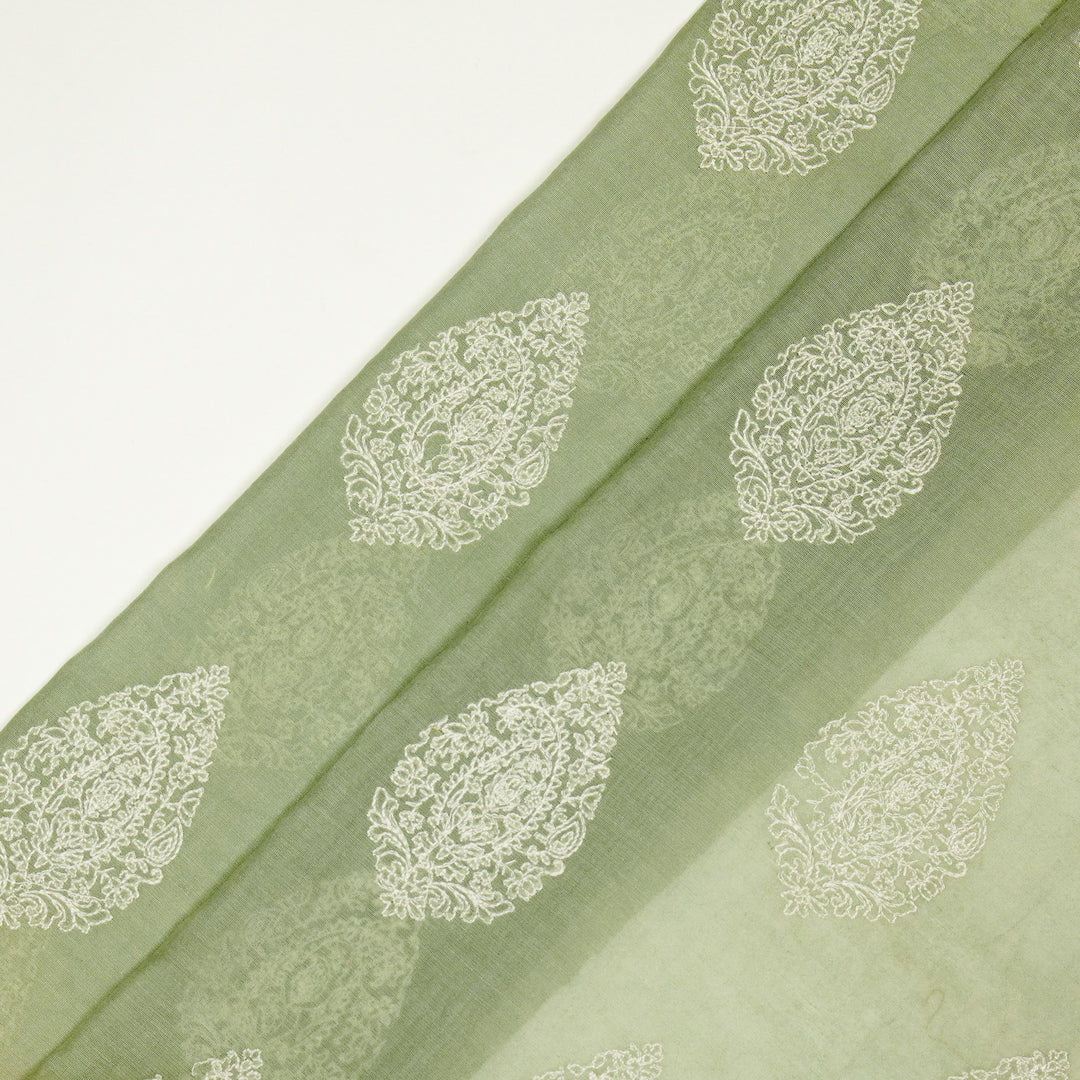 Meherza Buta on Moss Grey Cotton Silk Embroidered Fabric
