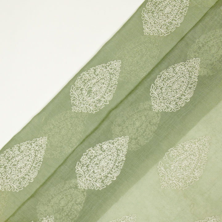 Meherza Buta on Moss Grey Cotton Silk Embroidered Fabric