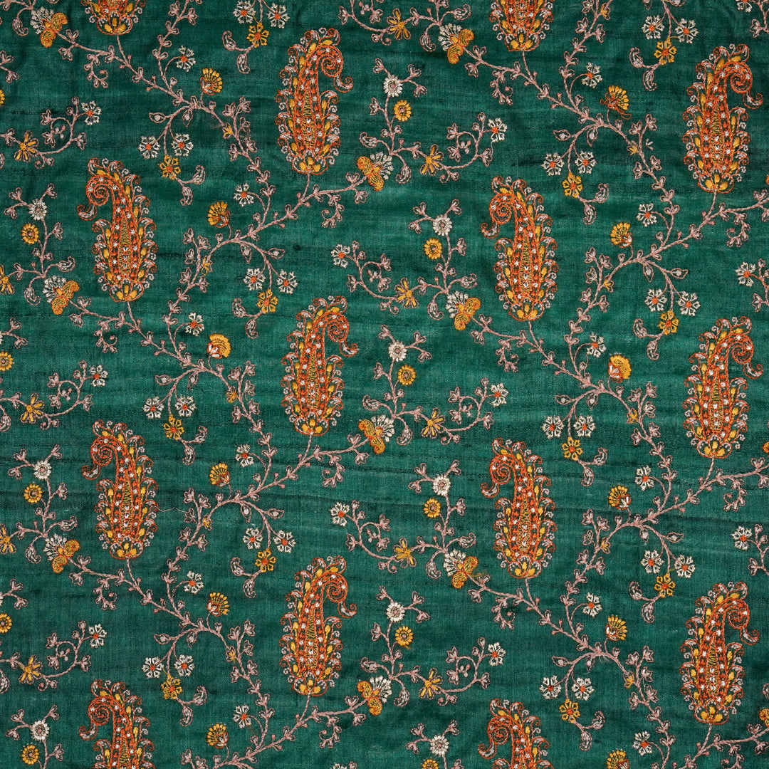 Alpana Jaal On Bottle Green Tussar Silk Embroidered Fabric