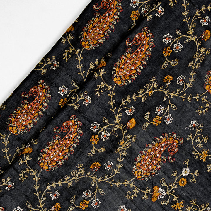 Black Tussar Silk Alpana Jaal Embroidered Fabric