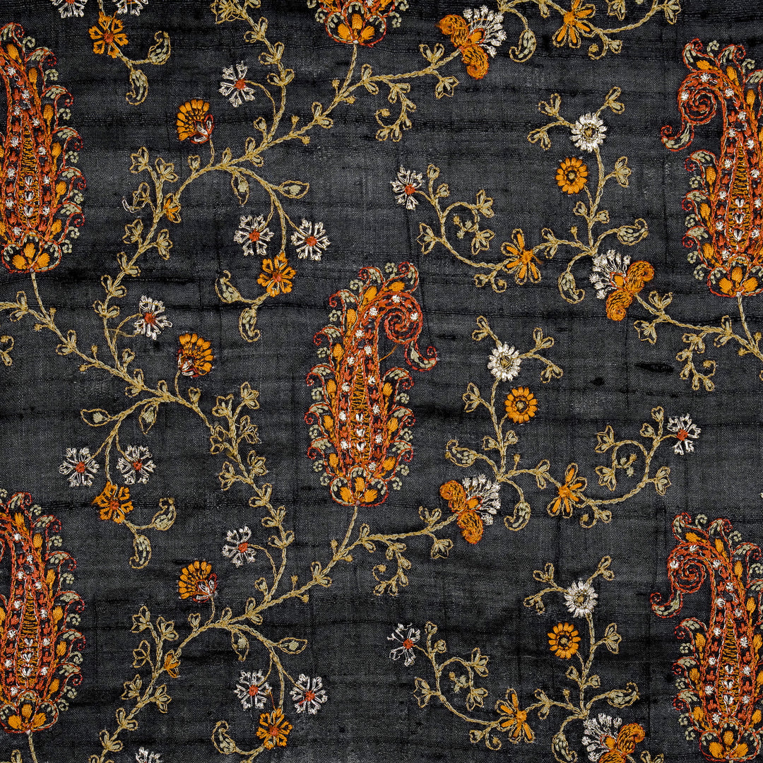 Black Tussar Silk Alpana Jaal Embroidered Fabric