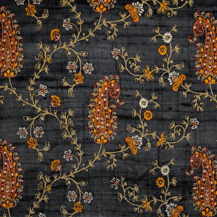 Black Tussar Silk Alpana Jaal Embroidered Fabric