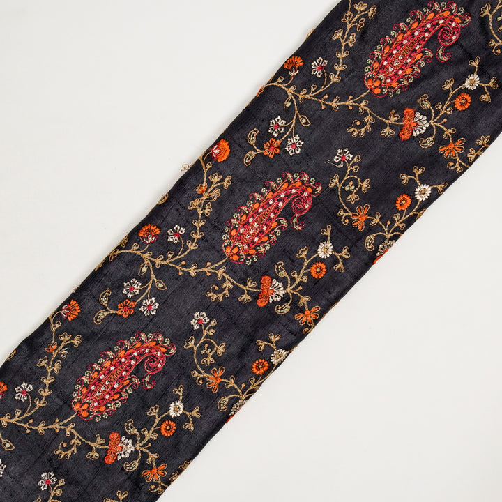 Alpana Jaal On Black Tussar Silk Embroidered Fabric
