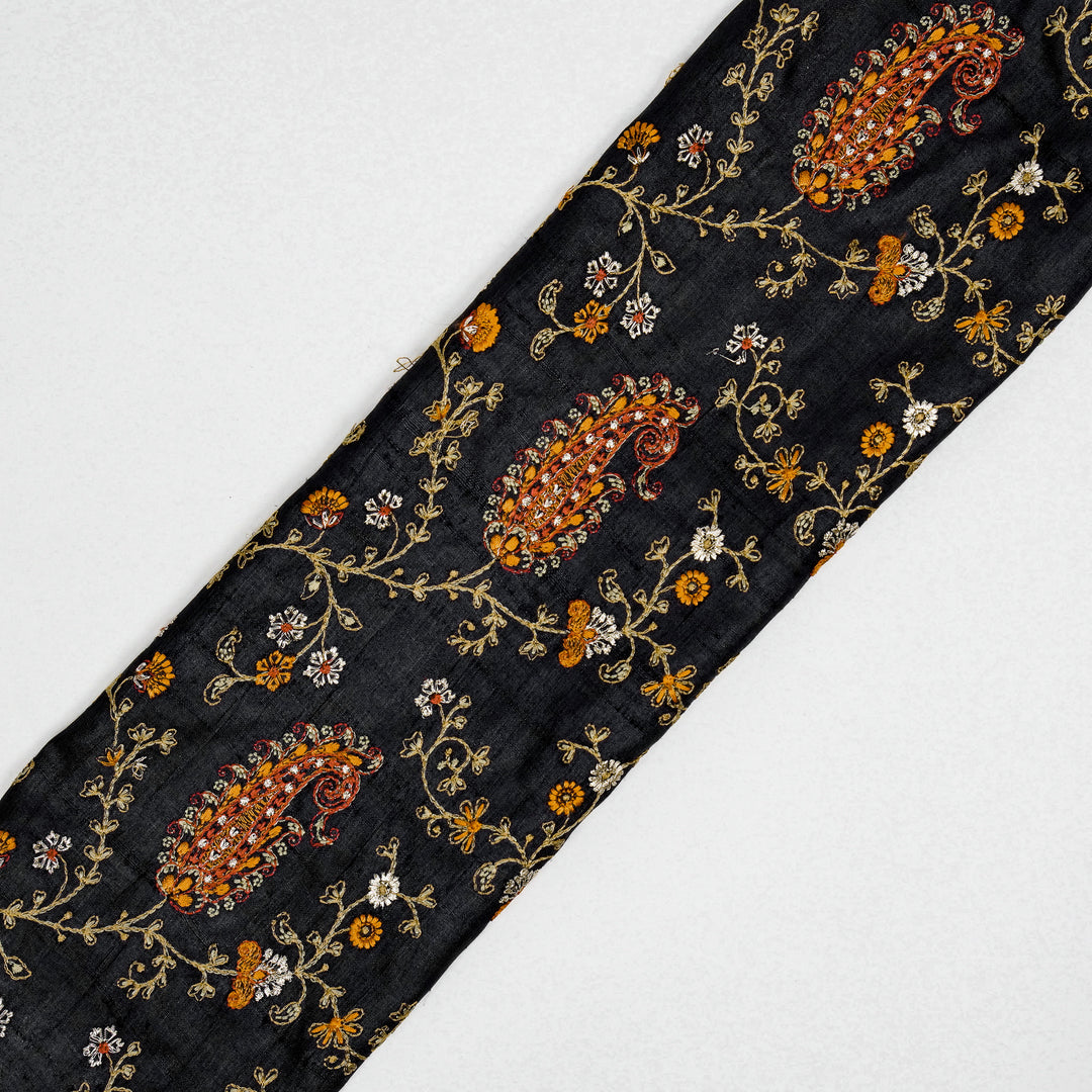 Black Tussar Silk Alpana Jaal Embroidered Fabric