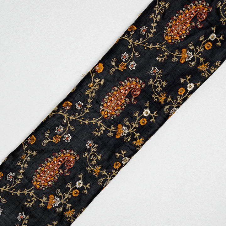 Black Tussar Silk Alpana Jaal Embroidered Fabric