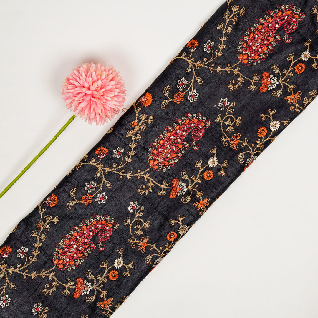 Alpana Jaal On Black Tussar Silk Embroidered Fabric