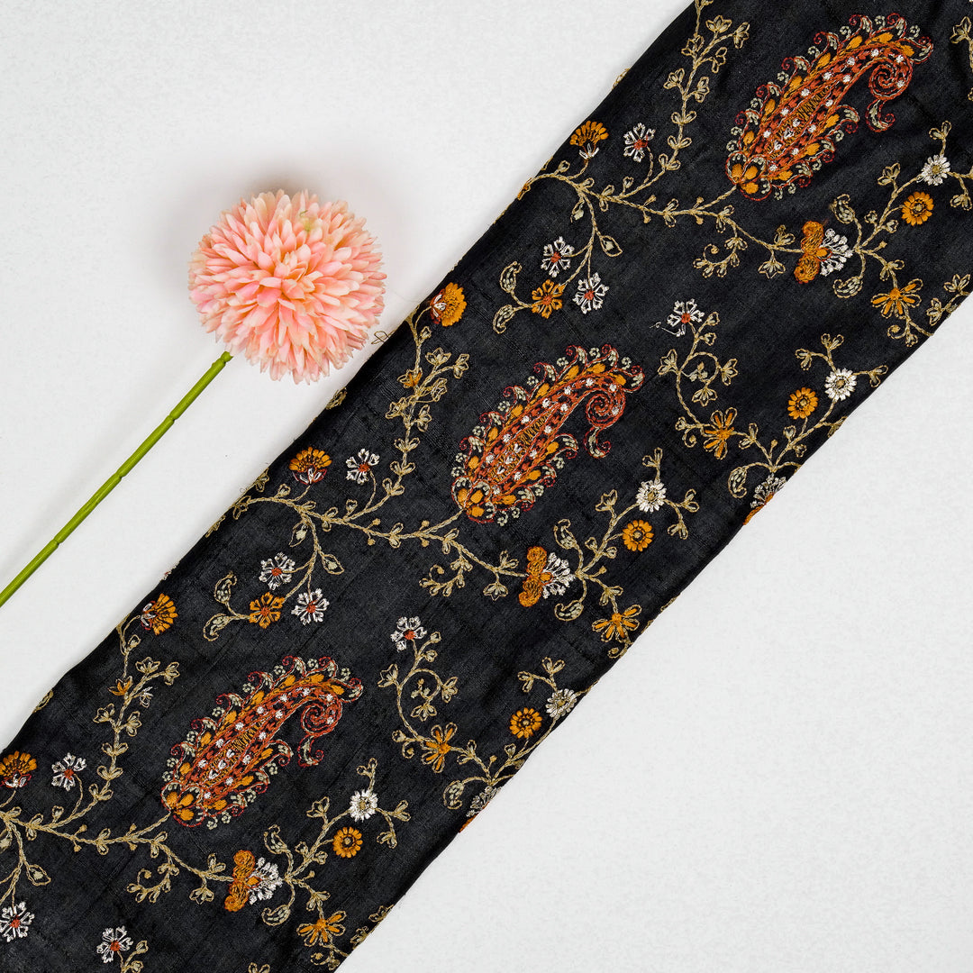 Black Tussar Silk Alpana Jaal Embroidered Fabric