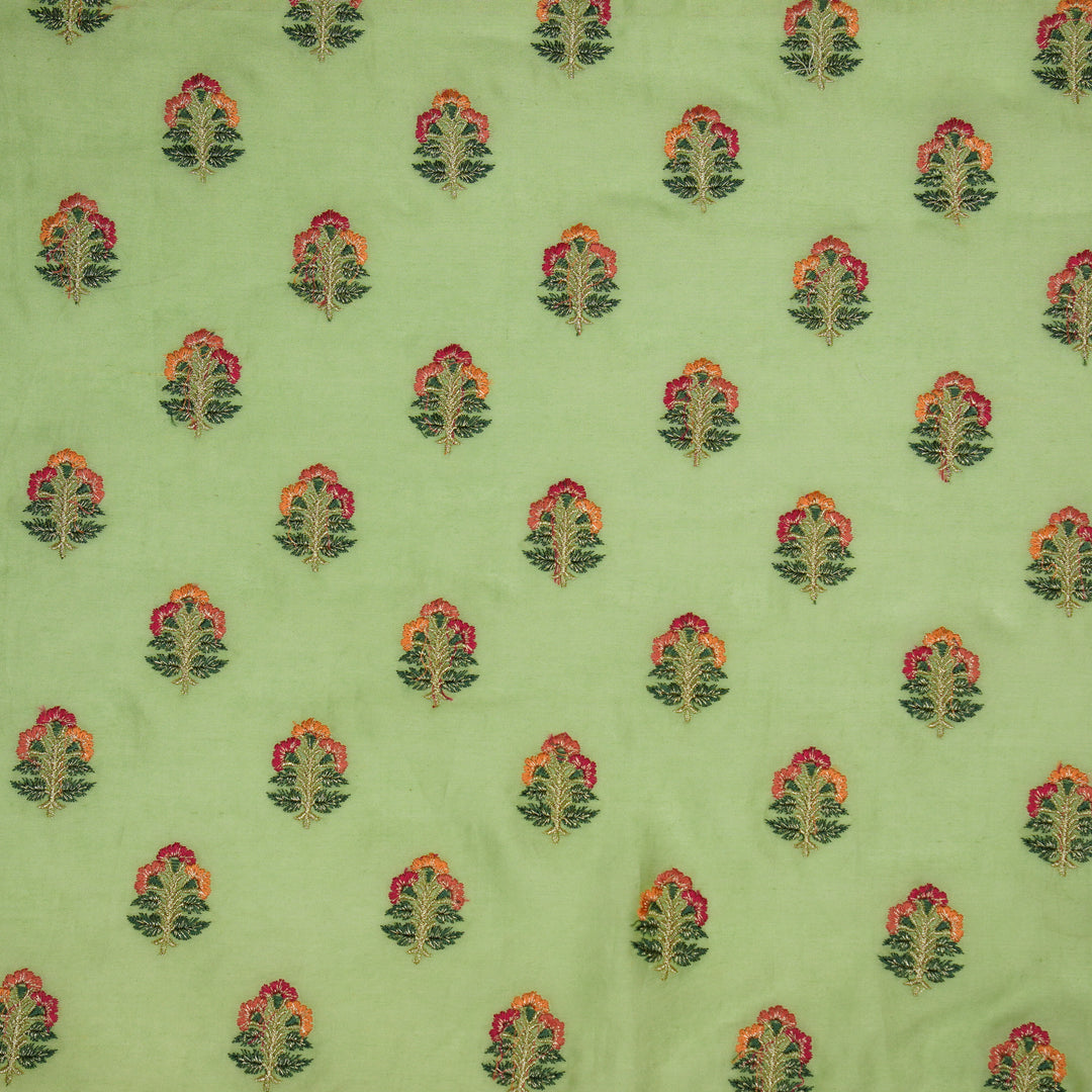 Pushpi Buti on Sea Green Silk Chanderi Embroidered Fabric