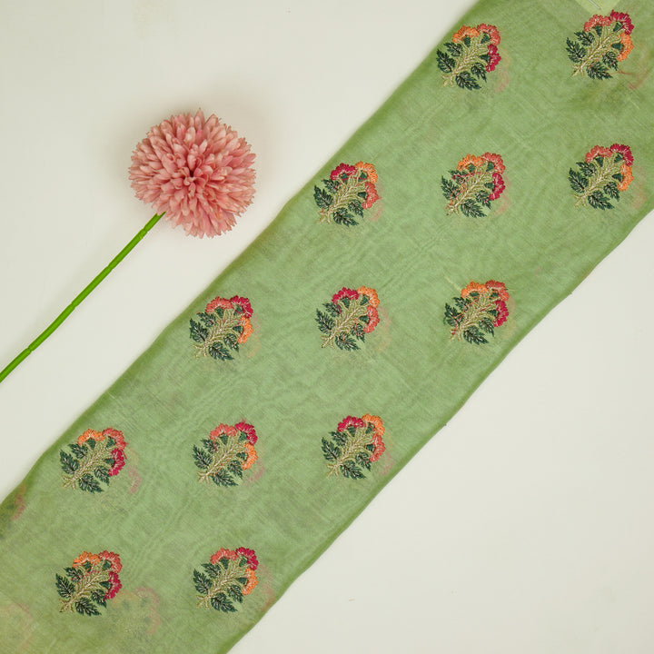 Pushpi Buti on Sea Green Silk Chanderi Embroidered Fabric