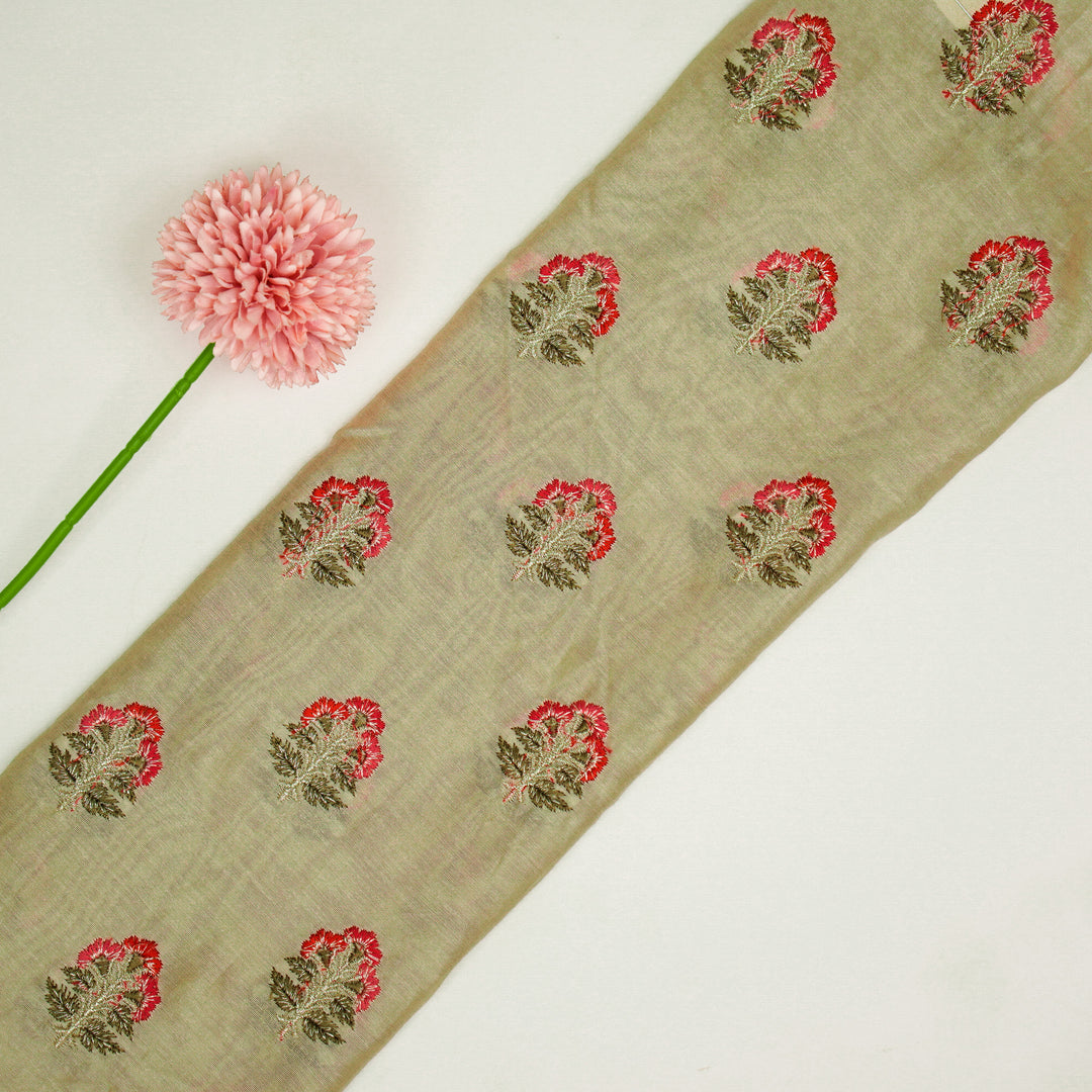 Pushpi Buti on Beige Silk Chanderi Embroidered Fabric