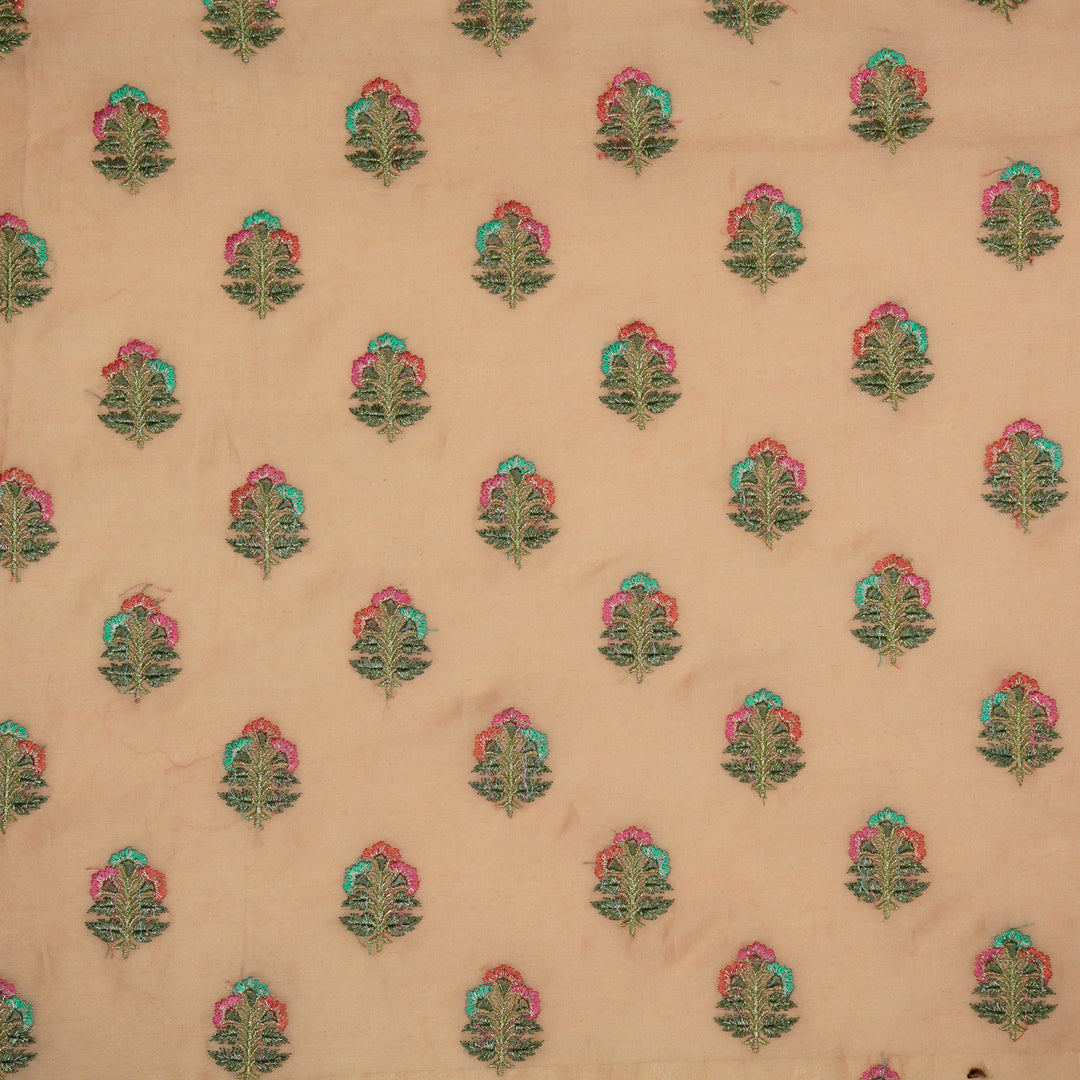 Pushpi Buti on Peach Silk Chanderi Embroidered Fabric