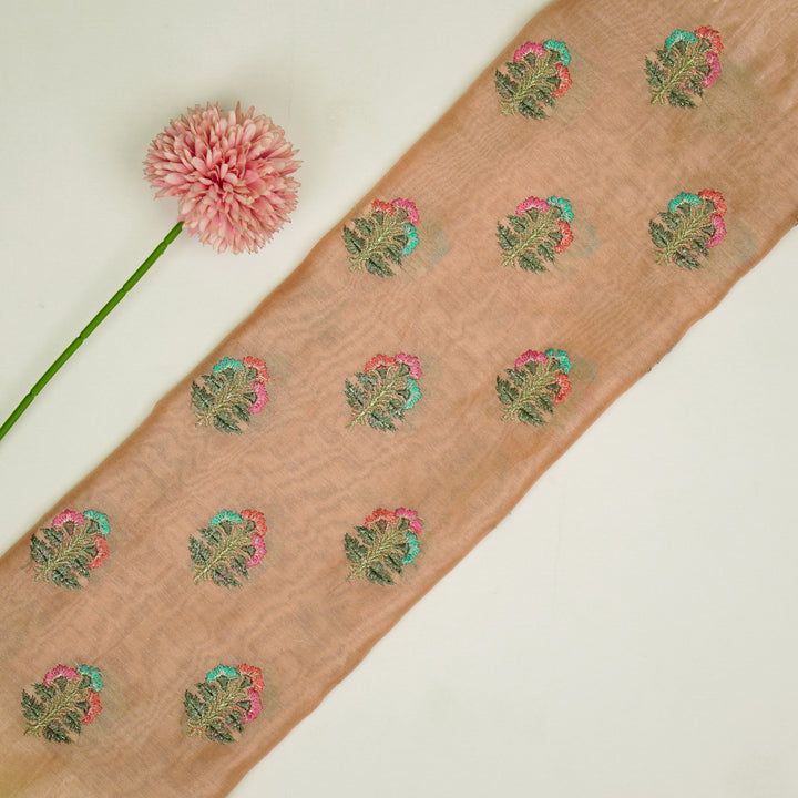 Pushpi Buti on Peach Silk Chanderi Embroidered Fabric