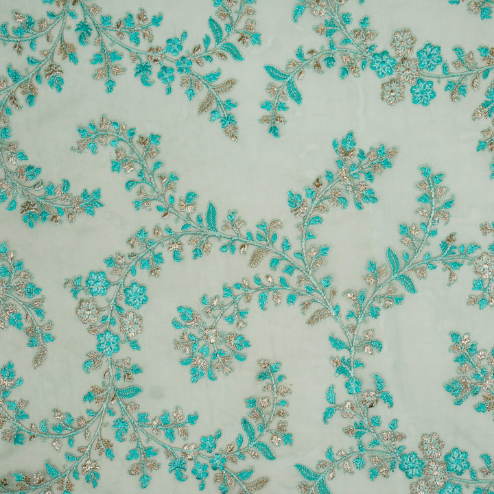 Aatrayi Jaal on Sea Green Silk Organza Embroidered Fabric