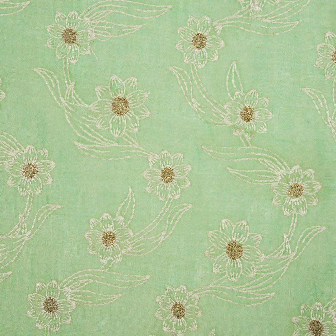 Alara Jaal on Mint Green Cotton Silk Embroidered Fabric