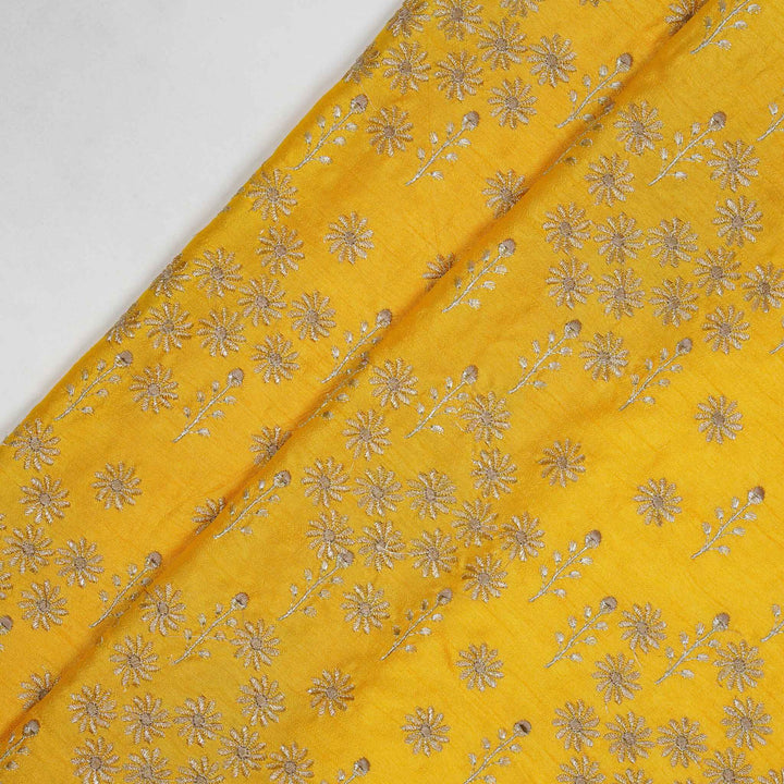 Unnati Jaal on Gold Semi Raw Silk Embroidered Fabric