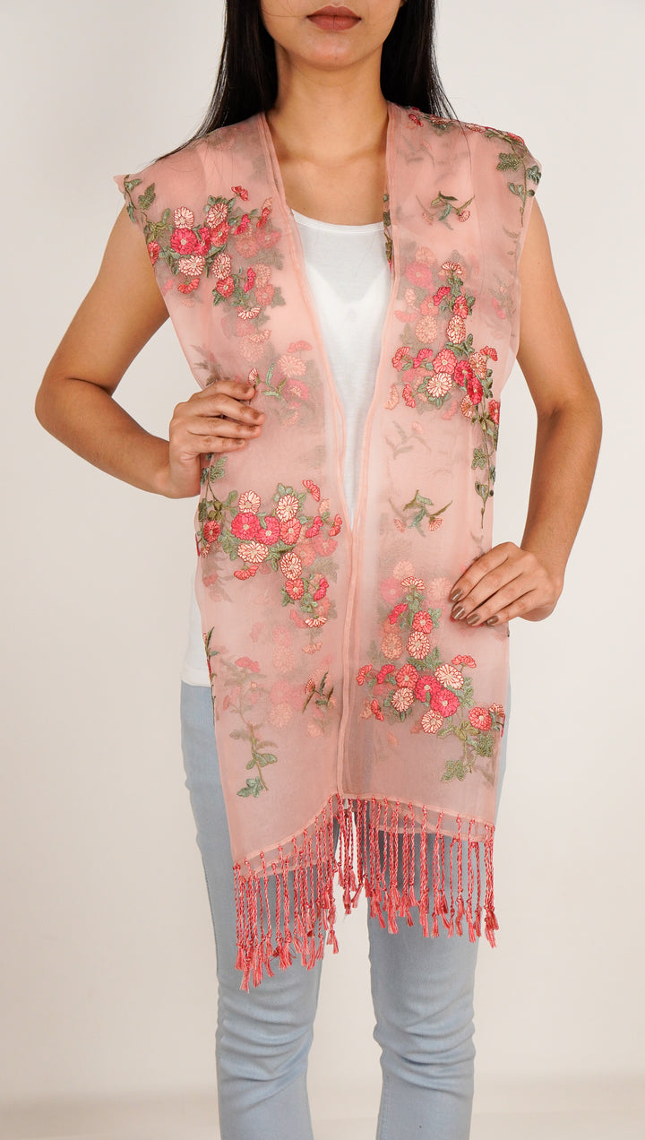 Daisy Embroidered Stole on Light Peach Silk Organza