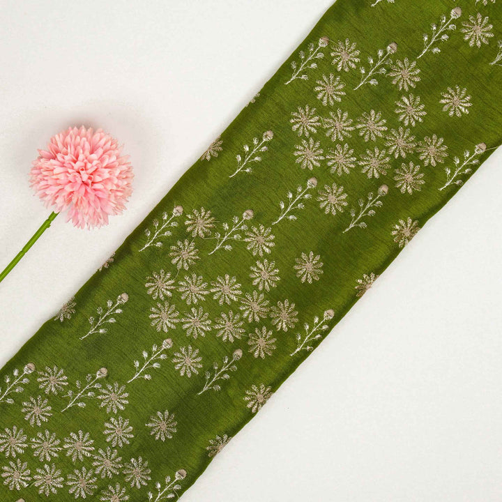 Unnati Jaal on Leaf Green Semi Raw Silk Embroidered Fabric