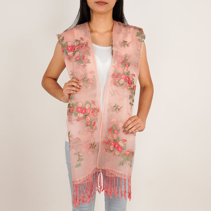 Daisy Embroidered Stole on Light Peach Silk Organza