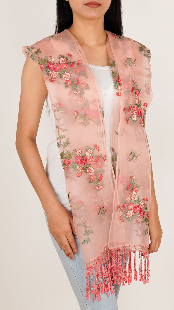 Daisy Embroidered Stole on Light Peach Silk Organza