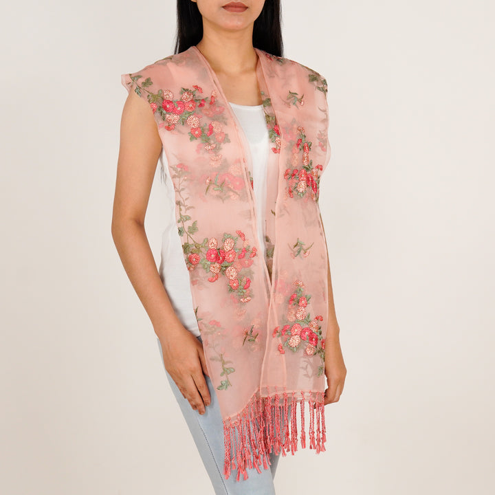 Daisy Embroidered Stole on Light Peach Silk Organza