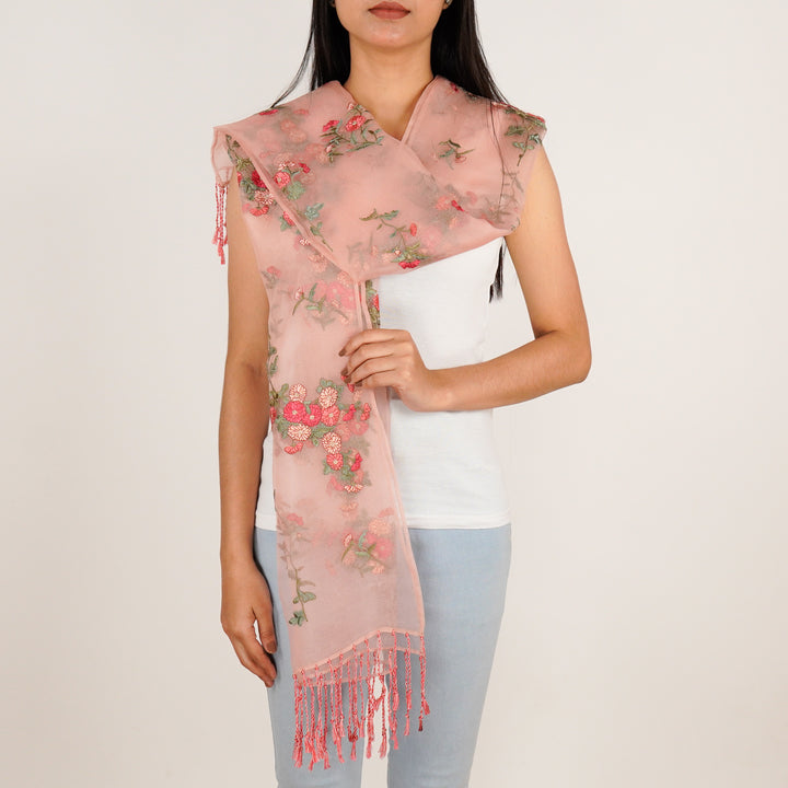 Daisy Embroidered Stole on Light Peach Silk Organza