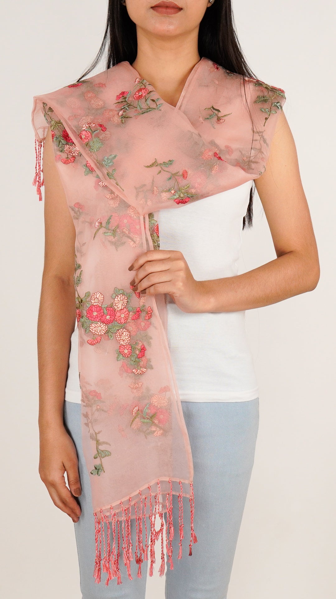 Daisy Embroidered Stole on Light Peach Silk Organza