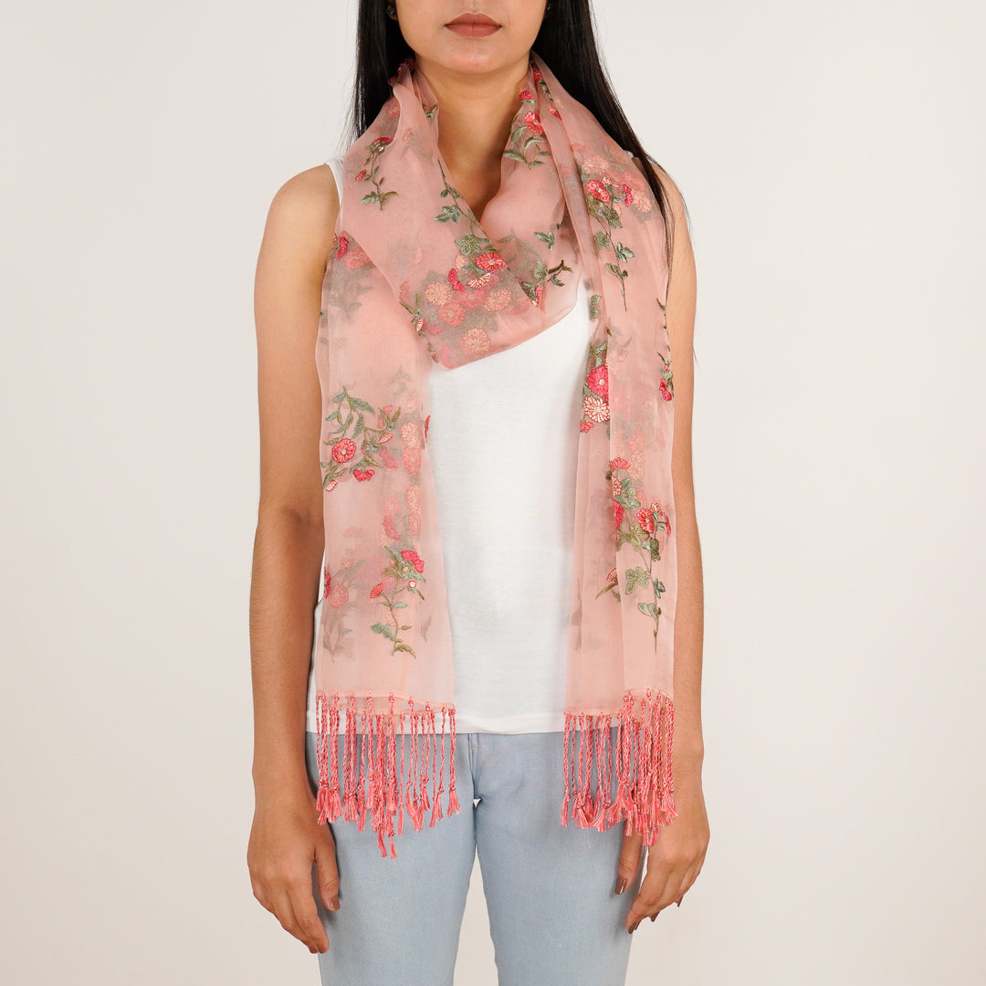 Daisy Embroidered Stole on Light Peach Silk Organza