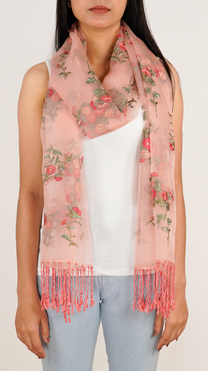 Daisy Embroidered Stole on Light Peach Silk Organza